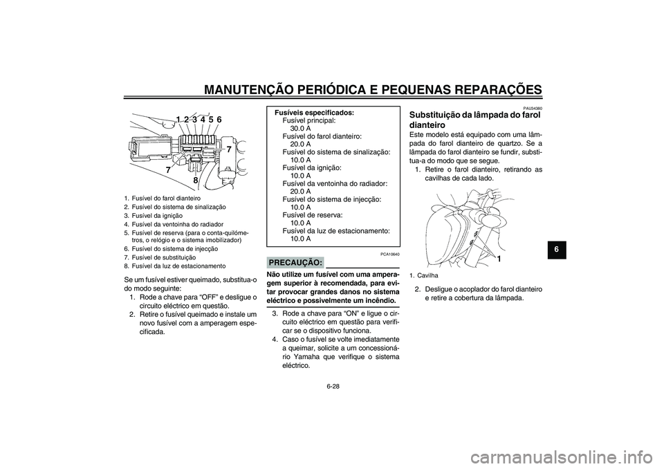 YAMAHA FZ6 N 2006  Manual de utilização (in Portuguese) MANUTENÇÃO PERIÓDICA E PEQUENAS REPARAÇÕES
6-28
6
Se um fusível estiver queimado, substitua-o
do modo seguinte:
1. Rode a chave para “OFF” e desligue o
circuito eléctrico em questão.
2. Re
