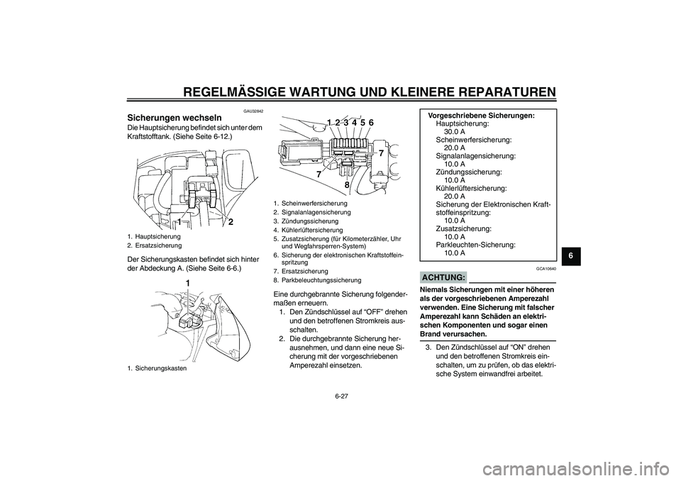 YAMAHA FZ6 N 2005  Betriebsanleitungen (in German) REGELMÄSSIGE WARTUNG UND KLEINERE REPARATUREN
6-27
6
GAU32842
Sicherungen wechseln Die Hauptsicherung befindet sich unter dem 
Kraftstofftank. (Siehe Seite 6-12.)
Der Sicherungskasten befindet sich h