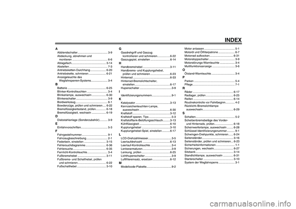 YAMAHA FZ6 N 2005  Betriebsanleitungen (in German) INDEX
AAbblendschalter ...................................... 3-9
Abdeckung, abnehmen und 
montieren ............................................. 6-6
Ablagefach.......................................