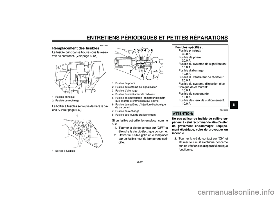 YAMAHA FZ6 N 2005  Notices Demploi (in French) ENTRETIENS PÉRIODIQUES ET PETITES RÉPARATIONS
6-27
6
FAU32842
Remplacement des fusibles Le fusible principal se trouve sous le réser-
voir de carburant. (Voir page 6-12.)
Le boîtier à fusibles se