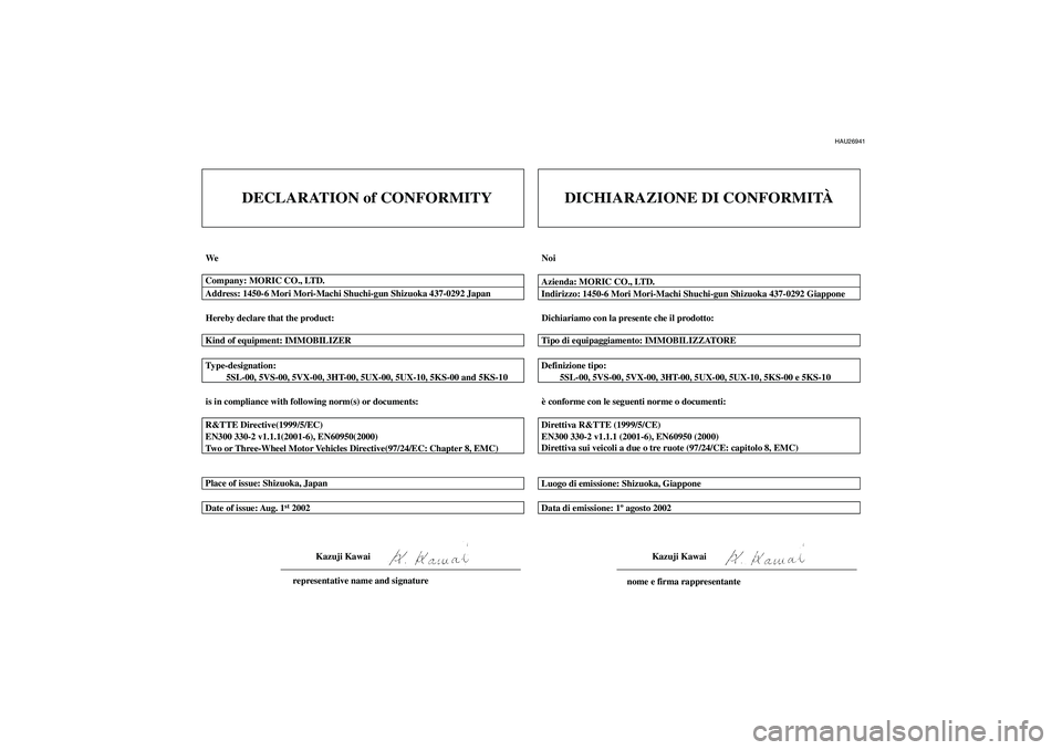 YAMAHA FZ6 N 2005  Manuale duso (in Italian) HAU26941
DECLARATION of CONFORMITY
We
Hereby declare that the product:
is in compliance with following norm(s) or documents: Type-designation:
         5SL-00, 5VS-00, 5VX-00, 3HT-00, 5UX-00, 5UX-10, 