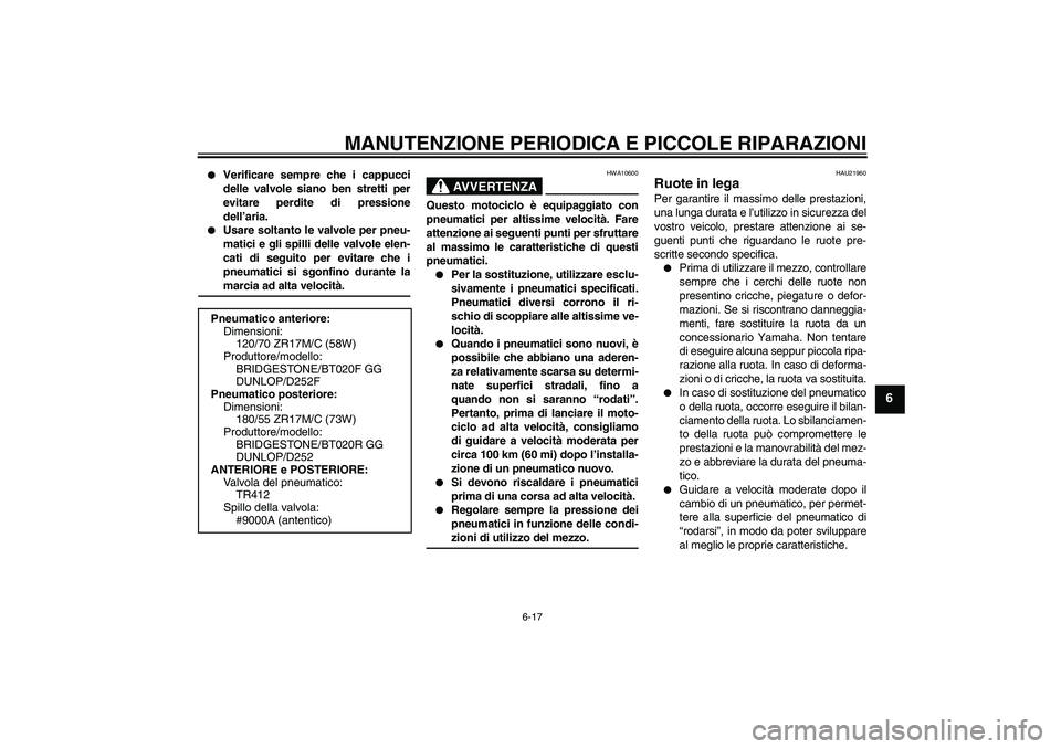 YAMAHA FZ6 N 2005  Manuale duso (in Italian) MANUTENZIONE PERIODICA E PICCOLE RIPARAZIONI
6-17
6

Verificare sempre che i cappucci
delle valvole siano ben stretti per
evitare perdite di pressione
dell’aria.

Usare soltanto le valvole per pne