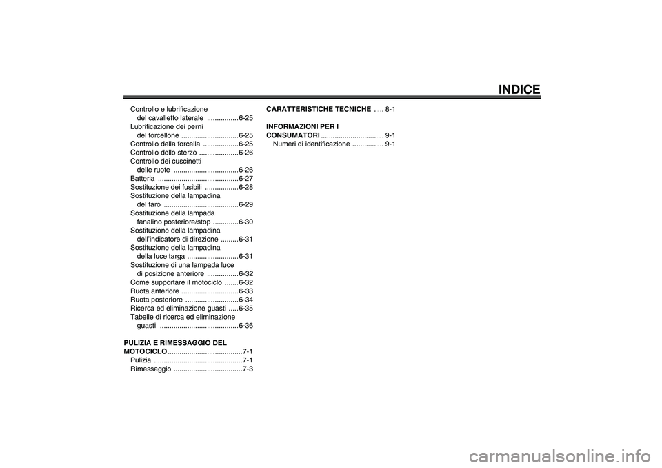 YAMAHA FZ6 N 2005  Manuale duso (in Italian) INDICE
Controllo e lubrificazione 
del cavalletto laterale  ................ 6-25
Lubrificazione dei perni 
del forcellone  ............................. 6-25
Controllo della forcella  ...............