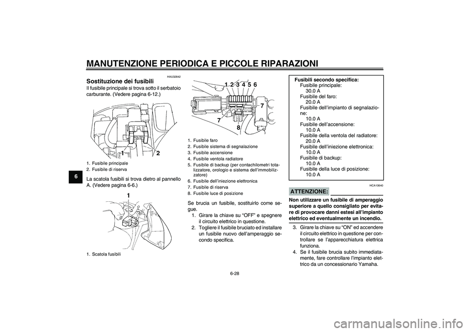 YAMAHA FZ6 N 2005  Manuale duso (in Italian) MANUTENZIONE PERIODICA E PICCOLE RIPARAZIONI
6-28
6
HAU32842
Sostituzione dei fusibili Il fusibile principale si trova sotto il serbatoio
carburante. (Vedere pagina 6-12.)
La scatola fusibili si trova