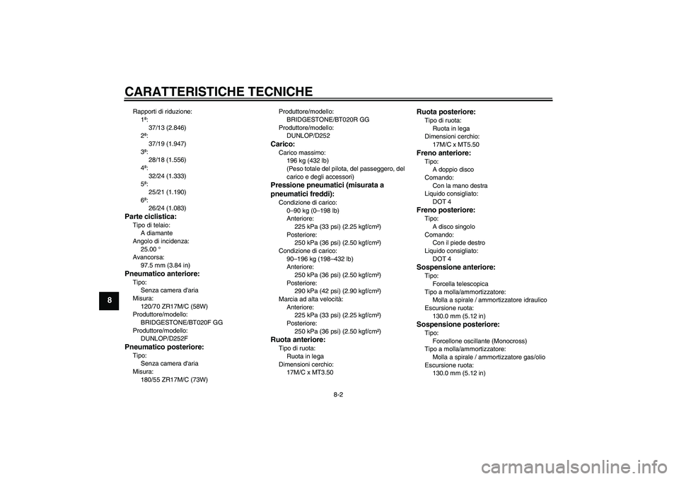 YAMAHA FZ6 N 2005  Manuale duso (in Italian) CARATTERISTICHE TECNICHE
8-2
8
Rapporti di riduzione:
1ª:
37/13 (2.846)
2ª:
37/19 (1.947)
3ª:
28/18 (1.556)
4ª:
32/24 (1.333)
5ª:
25/21 (1.190)
6ª:
26/24 (1.083)Parte ciclistica:Tipo di telaio:
