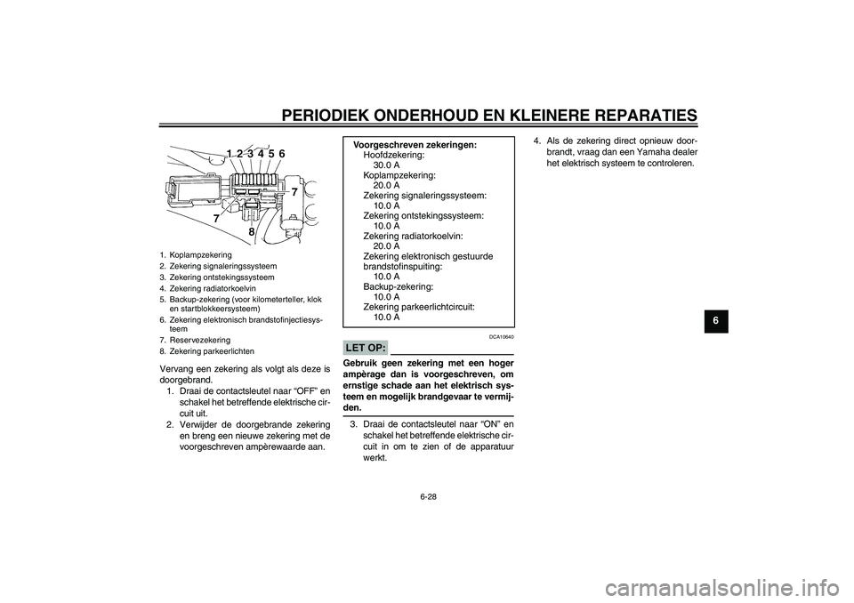 YAMAHA FZ6 N 2005 Instructieboekje (in Dutch) PERIODIEK ONDERHOUD EN KLEINERE REPARATIES
6-28
6
Vervang een zekering als volgt als deze is
doorgebrand.
1. Draai de contactsleutel naar “OFF” en
schakel het betreffende elektrische cir-
cuit uit YAMAHA FZ6 N 2005 Instructieboekje (in Dutch) PERIODIEK ONDERHOUD EN KLEINERE REPARATIES
6-28
6
Vervang een zekering als volgt als deze is
doorgebrand.
1. Draai de contactsleutel naar “OFF” en
schakel het betreffende elektrische cir-
cuit uit