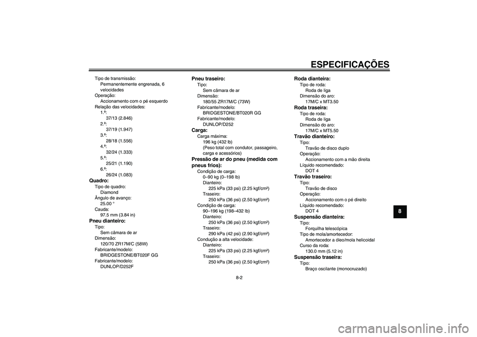 YAMAHA FZ6 N 2005  Manual de utilização (in Portuguese) ESPECIFICAÇÕES
8-2
8
Tipo de transmissão:
Permanentemente engrenada, 6 
velocidades
Operação:
Accionamento com o pé esquerdo
Relação das velocidades:
1.ª:
37/13 (2.846)
2.ª:
37/19 (1.947)
3.