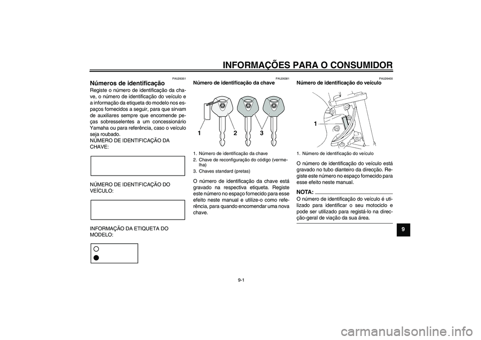 YAMAHA FZ6 N 2005  Manual de utilização (in Portuguese) INFORMAÇÕES PARA O CONSUMIDOR
9-1
9
PAU26351
Números de identificação Registe o número de identificação da cha-
ve, o número de identificação do veículo e
a informação da etiqueta do mod