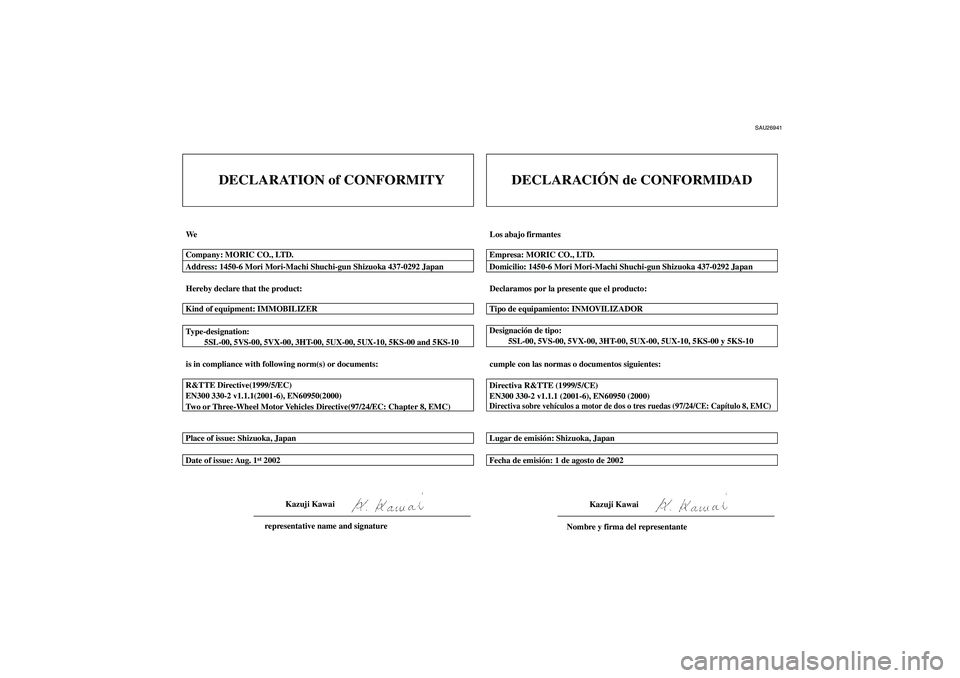 YAMAHA FZ6 N 2004  Manuale de Empleo (in Spanish) SAU26941
DECLARATION of CONFORMITY
We
Hereby declare that the product:
is in compliance with following norm(s) or documents: Type-designation:
         5SL-00, 5VS-00, 5VX-00, 3HT-00, 5UX-00, 5UX-10, 