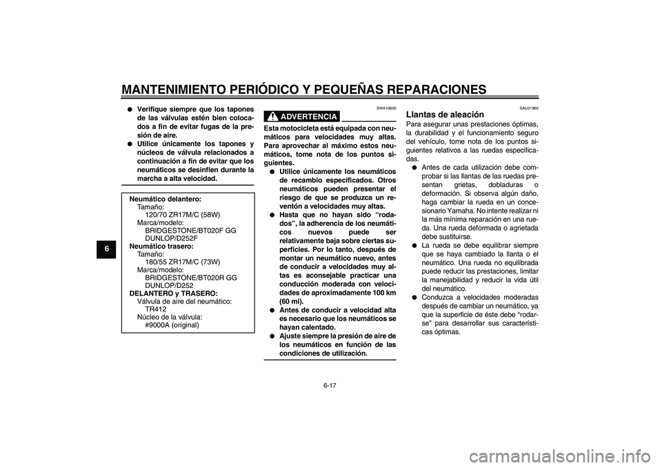 YAMAHA FZ6 N 2004  Manuale de Empleo (in Spanish) MANTENIMIENTO PERIÓDICO Y PEQUEÑAS REPARACIONES
6-17
6

Verifique siempre que los tapones
de las válvulas estén bien coloca-
dos a fin de evitar fugas de la pre-
sión de aire.

Utilice únicame