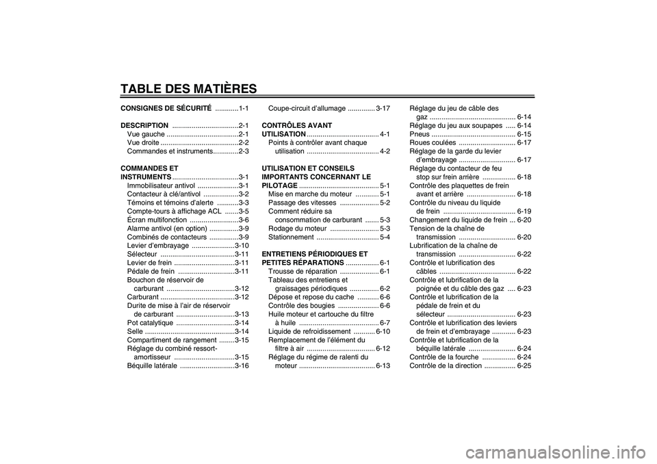 YAMAHA FZ6 N 2004  Notices Demploi (in French) TABLE DES MATIÈRESCONSIGNES DE SÉCURITÉ ............1-1
DESCRIPTION ..................................2-1
Vue gauche .....................................2-1
Vue droite ............................