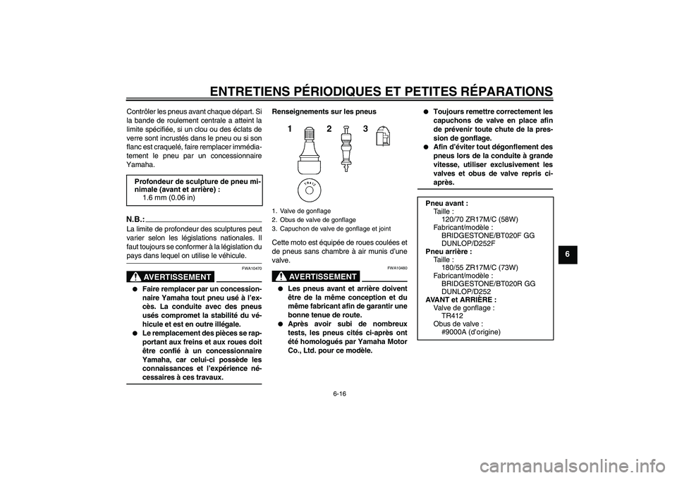 YAMAHA FZ6 N 2004  Notices Demploi (in French) ENTRETIENS PÉRIODIQUES ET PETITES RÉPARATIONS
6-16
6
Contrôler les pneus avant chaque départ. Si
la bande de roulement centrale a atteint la
limite spécifiée, si un clou ou des éclats de
verre 