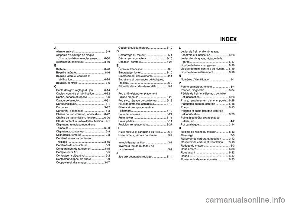 YAMAHA FZ6 N 2004  Notices Demploi (in French) INDEX
AAlarme antivol ......................................... 3-9
Ampoule d’éclairage de plaque 
d’immatriculation, remplacement........ 6-30
Avertisseur, contacteur ......................... 3