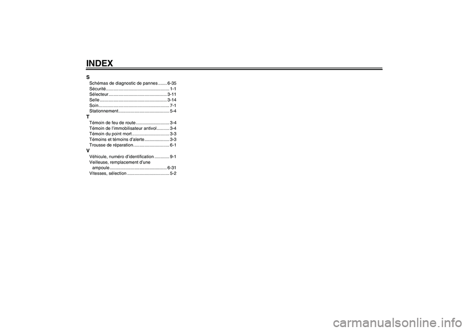 YAMAHA FZ6 N 2004  Notices Demploi (in French) INDEXSSchémas de diagnostic de pannes ....... 6-35
Sécurité................................................... 1-1
Sélecteur ............................................... 3-11
Selle ............