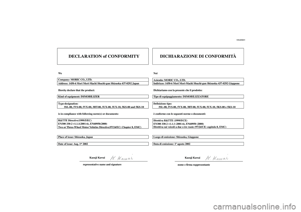 YAMAHA FZ6 N 2004  Manuale duso (in Italian) HAU26941
DECLARATION of CONFORMITY
We
Hereby declare that the product:
is in compliance with following norm(s) or documents: Type-designation:
         5SL-00, 5VS-00, 5VX-00, 3HT-00, 5UX-00, 5UX-10, 