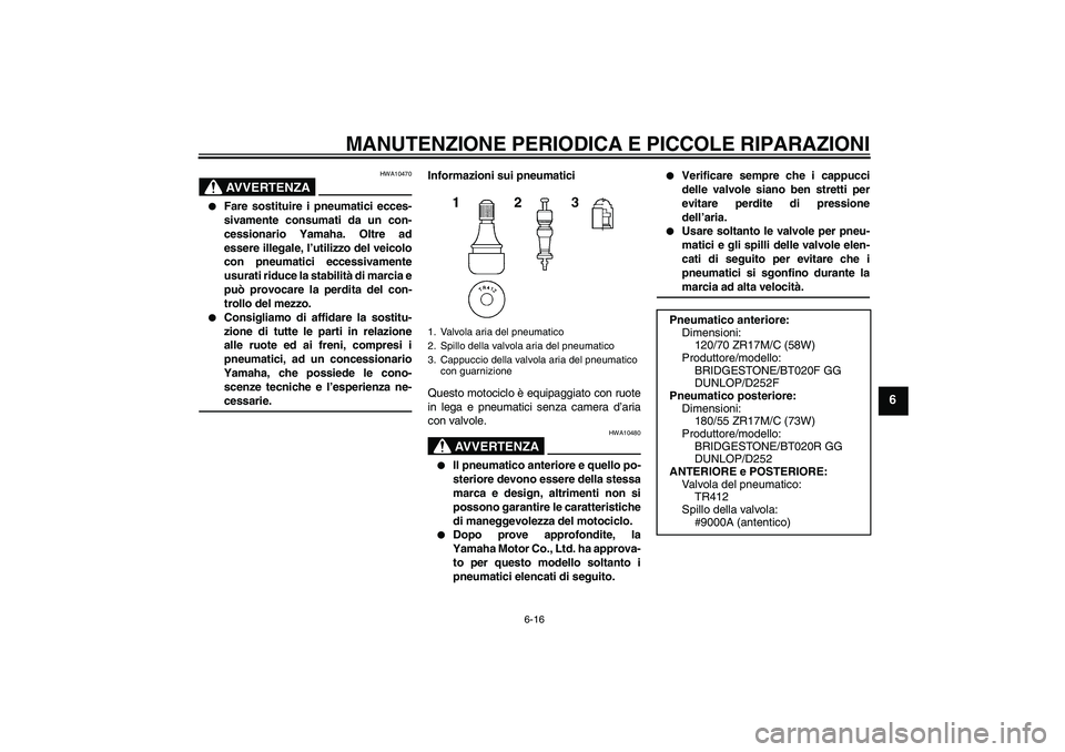 YAMAHA FZ6 N 2004  Manuale duso (in Italian) MANUTENZIONE PERIODICA E PICCOLE RIPARAZIONI
6-16
6
AVVERTENZA
HWA10470

Fare sostituire i pneumatici ecces-
sivamente consumati da un con-
cessionario Yamaha. Oltre ad
essere illegale, l’utilizzo 