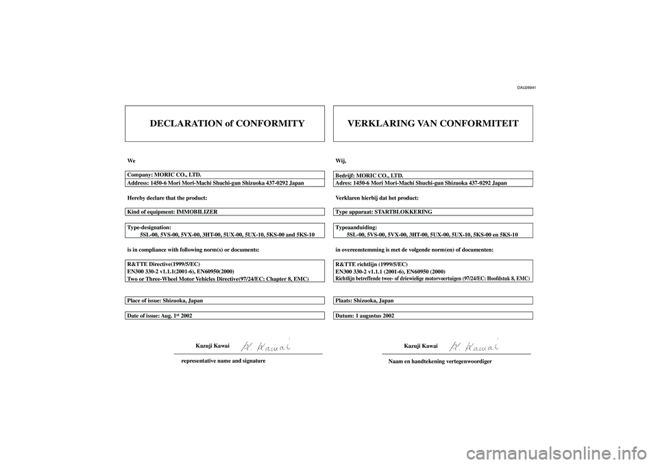 YAMAHA FZ6 N 2004  Instructieboekje (in Dutch) DAU26941
DECLARATION of CONFORMITY
We
Hereby declare that the product:
is in compliance with following norm(s) or documents: Type-designation:
         5SL-00, 5VS-00, 5VX-00, 3HT-00, 5UX-00, 5UX-10, 