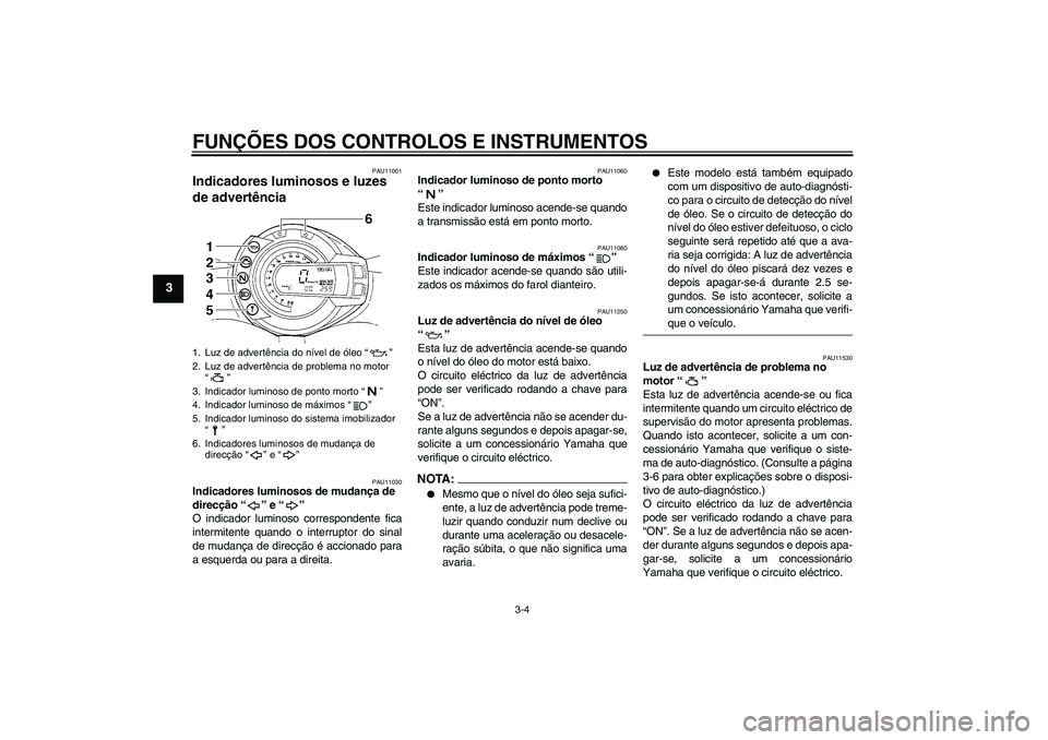 YAMAHA FZ6 N 2004  Manual de utilização (in Portuguese) FUNÇÕES DOS CONTROLOS E INSTRUMENTOS
3-4
3
PAU11001
Indicadores luminosos e luzes 
de advertência 
PAU11030
Indicadores luminosos de mudança de 
direcção “” e “” 
O indicador luminoso co