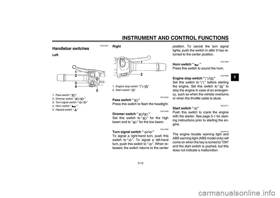 YAMAHA FZ6 NHG 2009 Owners Manual INSTRUMENT AND CONTROL FUNCTIONS
3-13
3
EAU12347
Handlebar switches LeftRight
EAU12350
Pass switch“” 
Press this switch to flash the headlight.
EAU12400
Dimmer switch“/” 
Set this switch to“