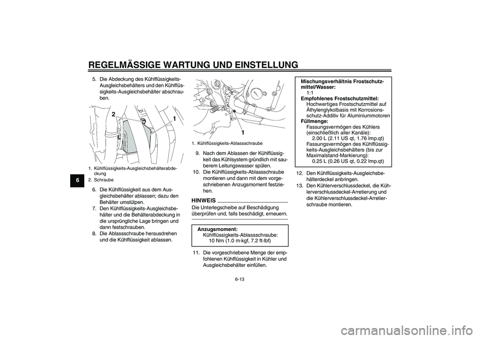 YAMAHA FZ6 NHG 2009  Betriebsanleitungen (in German) REGELMÄSSIGE WARTUNG UND EINSTELLUNG
6-13
6
5. Die Abdeckung des Kühlflüssigkeits-
Ausgleichsbehälters und den Kühlflüs-
sigkeits-Ausgleichsbehälter abschrau-
ben.
6. Die Kühlflüssigkeit aus 