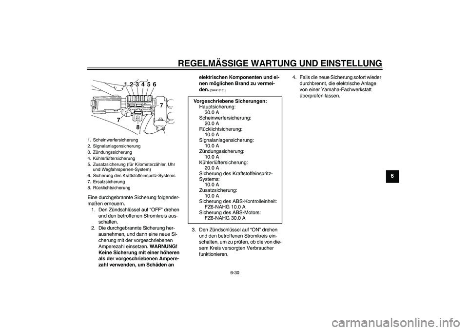 YAMAHA FZ6 NHG 2009  Betriebsanleitungen (in German) REGELMÄSSIGE WARTUNG UND EINSTELLUNG
6-30
6
Eine durchgebrannte Sicherung folgender-
maßen erneuern.
1. Den Zündschlüssel auf “OFF” drehen 
und den betroffenen Stromkreis aus-
schalten.
2. Die