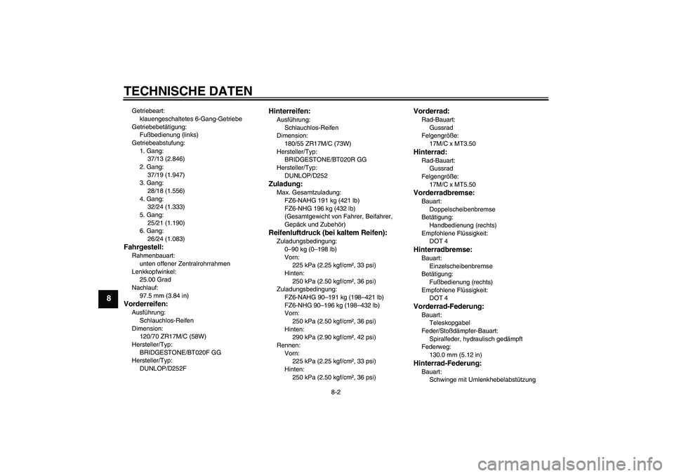 YAMAHA FZ6 NHG 2009  Betriebsanleitungen (in German) TECHNISCHE DATEN
8-2
8
Getriebeart:
klauengeschaltetes 6-Gang-Getriebe
Getriebebetätigung:
Fußbedienung (links)
Getriebeabstufung:
1. Gang:
37/13 (2.846)
2. Gang:
37/19 (1.947)
3. Gang:
28/18 (1.556
