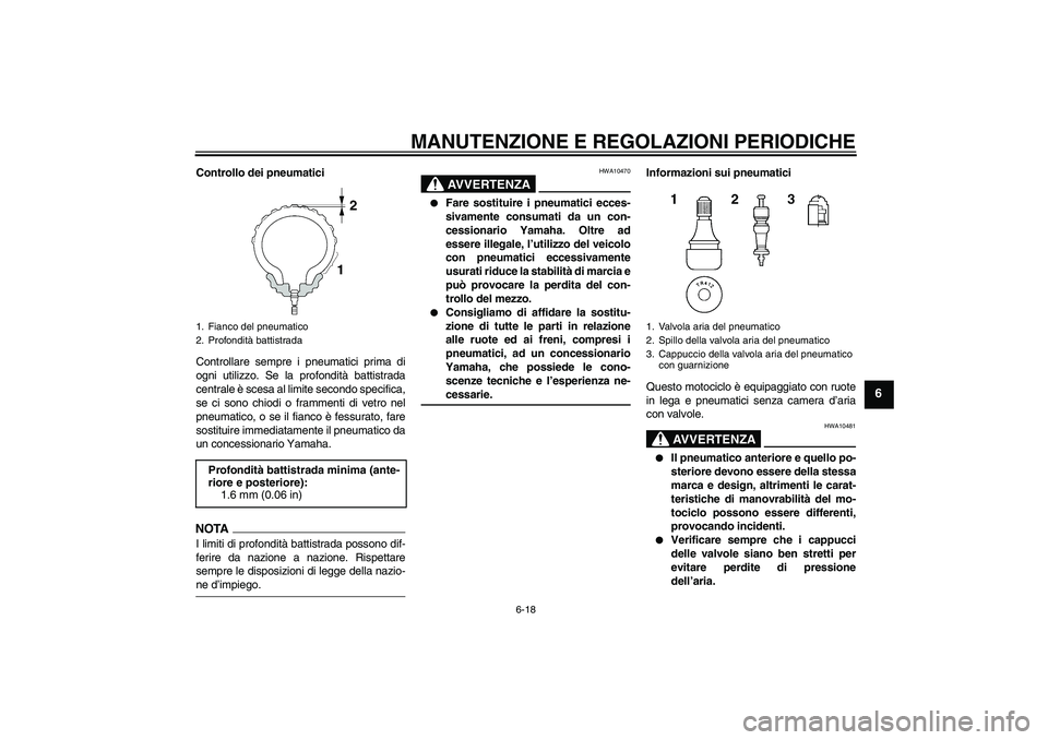 YAMAHA FZ6 NHG 2009  Manuale duso (in Italian) MANUTENZIONE E REGOLAZIONI PERIODICHE
6-18
6
Controllo dei pneumatici
Controllare sempre i pneumatici prima di
ogni utilizzo. Se la profondità battistrada
centrale è scesa al limite secondo specific