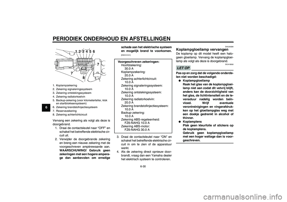 YAMAHA FZ6 NHG 2009  Instructieboekje (in Dutch) PERIODIEK ONDERHOUD EN AFSTELLINGEN
6-30
6
Vervang een zekering als volgt als deze is
doorgebrand.
1. Draai de contactsleutel naar “OFF” en
schakel het betreffende elektrische cir-
cuit uit.
2. Ve