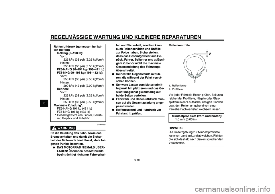 YAMAHA FZ6 NHG 2008  Betriebsanleitungen (in German) REGELMÄSSIGE WARTUNG UND KLEINERE REPARATUREN
6-18
6
WARNUNG
GWA11020
Da die Beladung das Fahr- sowie das 
Bremsverhalten und damit die Sicher-
heit des Motorrads beeinflusst, stets fol-
gende Punkte