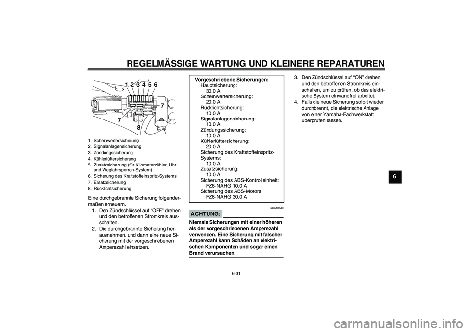 YAMAHA FZ6 NHG 2008  Betriebsanleitungen (in German) REGELMÄSSIGE WARTUNG UND KLEINERE REPARATUREN
6-31
6
Eine durchgebrannte Sicherung folgender-
maßen erneuern.
1. Den Zündschlüssel auf “OFF” drehen 
und den betroffenen Stromkreis aus-
schalte