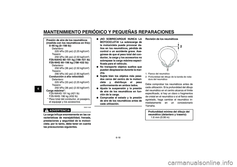 YAMAHA FZ6 NHG 2008  Manuale de Empleo (in Spanish) MANTENIMIENTO PERIÓDICO Y PEQUEÑAS REPARACIONES
6-18
6
ADVERTENCIA
SWA11020
La carga influye enormemente en las ca-
racterísticas de manejabilidad, frenada,
prestaciones y seguridad de la motoci-
c