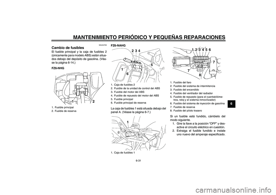 YAMAHA FZ6 NHG 2008 Manuale de Empleo (in Spanish) MANTENIMIENTO PERIÓDICO Y PEQUEÑAS REPARACIONES
6-31
6
SAU44700
Cambio de fusibles El fusible principal y la caja de fusibles 2
(únicamente para modelo ABS) están situa-
dos debajo del depósito d YAMAHA FZ6 NHG 2008 Manuale de Empleo (in Spanish) MANTENIMIENTO PERIÓDICO Y PEQUEÑAS REPARACIONES
6-31
6
SAU44700
Cambio de fusibles El fusible principal y la caja de fusibles 2
(únicamente para modelo ABS) están situa-
dos debajo del depósito d