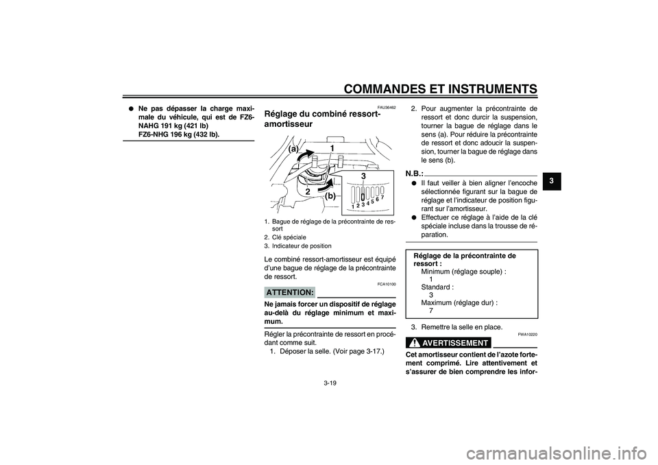 YAMAHA FZ6 NHG 2008  Notices Demploi (in French) COMMANDES ET INSTRUMENTS
3-19
3

Ne pas dépasser la charge maxi-
male du véhicule, qui est de FZ6-
NAHG 191 kg (421 lb)FZ6-NHG 196 kg (432 lb).
FAU36462
Réglage du combiné ressort-
amortisseur Le