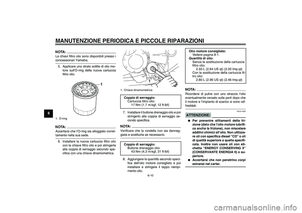 YAMAHA FZ6 NHG 2008  Manuale duso (in Italian) MANUTENZIONE PERIODICA E PICCOLE RIPARAZIONI
6-10
6
NOTA:Le chiavi filtro olio sono disponibili presso iconcessionari Yamaha.
5. Applicare uno strato sottile di olio mo-
tore sull’O-ring della nuova