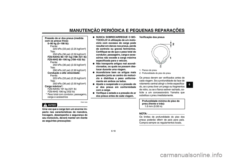YAMAHA FZ6 NHG 2008  Manual de utilização (in Portuguese) MANUTENÇÃO PERIÓDICA E PEQUENAS REPARAÇÕES
6-18
6
AV I S O
PWA11020
Uma vez que a carga tem um enorme im-
pacto nas características de manobra,
travagem, desempenho e segurança do
seu motociclo