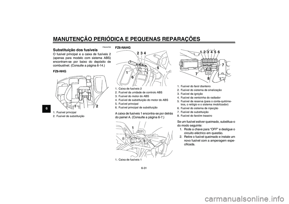 YAMAHA FZ6 NHG 2008  Manual de utilização (in Portuguese) MANUTENÇÃO PERIÓDICA E PEQUENAS REPARAÇÕES
6-31
6
PAU44700
Substituição dos fusíveis O fusível principal e a caixa de fusíveis 2
(apenas para modelo com sistema ABS)
encontram-se por baixo d