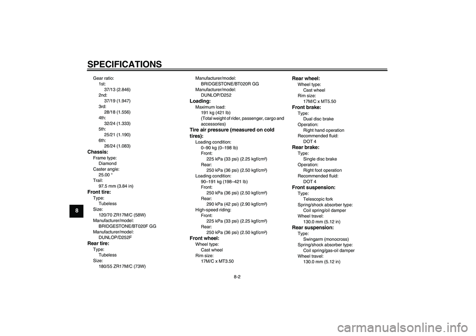 YAMAHA FZ6 NHG 2007  Owners Manual SPECIFICATIONS
8-2
8
Gear ratio:
1st:
37/13 (2.846)
2nd:
37/19 (1.947)
3rd:
28/18 (1.556)
4th:
32/24 (1.333)
5th:
25/21 (1.190)
6th:
26/24 (1.083)Chassis:Frame type:
Diamond
Caster angle:
25.00 °
Tra