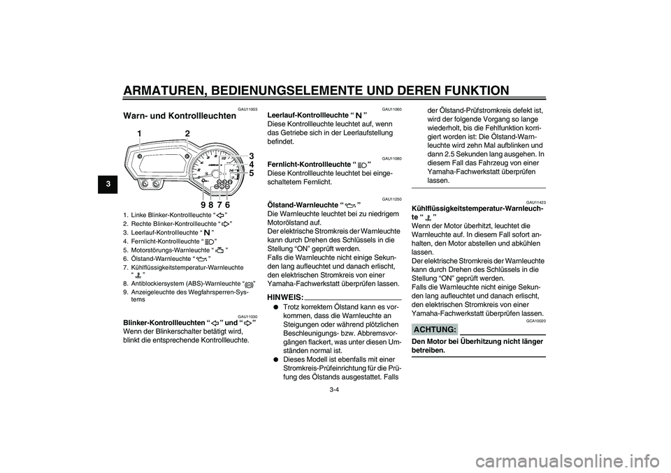 YAMAHA FZ6 NHG 2007  Betriebsanleitungen (in German) ARMATUREN, BEDIENUNGSELEMENTE UND DEREN FUNKTION
3-4
3
GAU11003
Warn- und Kontrollleuchten 
GAU11030
Blinker-Kontrollleuchten “” und “” 
Wenn der Blinkerschalter betätigt wird, 
blinkt die en