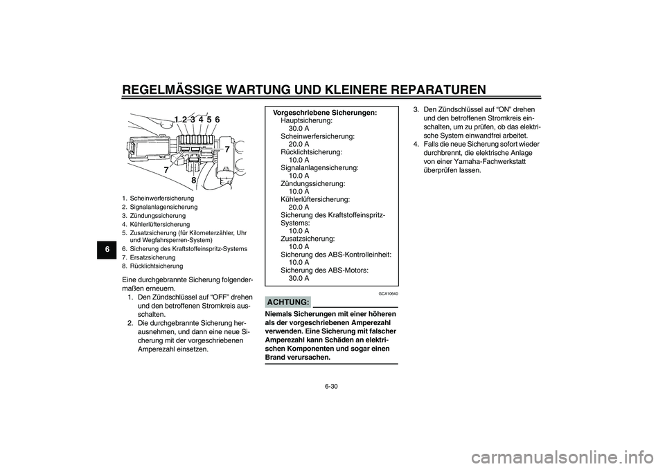 YAMAHA FZ6 NHG 2007 Betriebsanleitungen (in German) REGELMÄSSIGE WARTUNG UND KLEINERE REPARATUREN
6-30
6
Eine durchgebrannte Sicherung folgender-
maßen erneuern.
1. Den Zündschlüssel auf “OFF” drehen
und den betroffenen Stromkreis aus-
schalte YAMAHA FZ6 NHG 2007 Betriebsanleitungen (in German) REGELMÄSSIGE WARTUNG UND KLEINERE REPARATUREN
6-30
6
Eine durchgebrannte Sicherung folgender-
maßen erneuern.
1. Den Zündschlüssel auf “OFF” drehen
und den betroffenen Stromkreis aus-
schalte