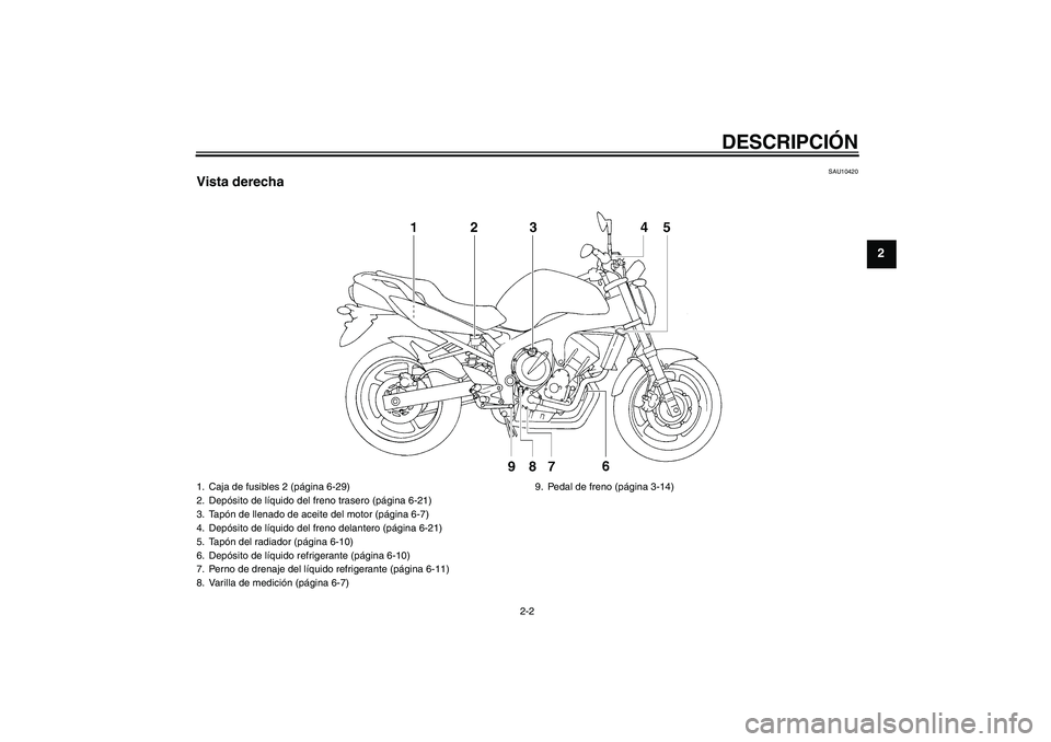 YAMAHA FZ6 NHG 2007  Manuale de Empleo (in Spanish) DESCRIPCIÓN
2-2
2
SAU10420
Vista derecha1. Caja de fusibles 2 (página 6-29)
2. Depósito de líquido del freno trasero (página 6-21)
3. Tapón de llenado de aceite del motor (página 6-7)
4. Depós