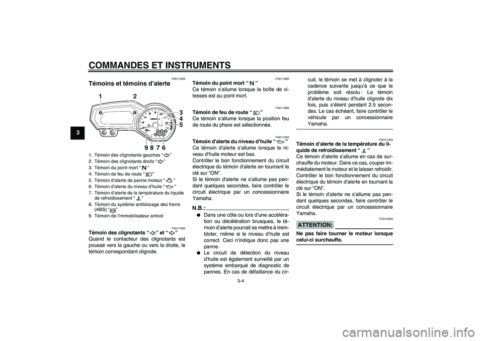 YAMAHA FZ6 NHG 2007  Notices Demploi (in French) COMMANDES ET INSTRUMENTS
3-4
3
FAU11003
Témoins et témoins d’alerte 
FAU11030
Témoin des clignotants “” et “” 
Quand le contacteur des clignotants est
poussé vers la gauche ou vers la dr