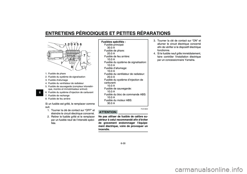 YAMAHA FZ6 NHG 2007  Notices Demploi (in French) ENTRETIENS PÉRIODIQUES ET PETITES RÉPARATIONS
6-30
6
Si un fusible est grillé, le remplacer comme
suit.
1. Tourner la clé de contact sur “OFF” et
éteindre le circuit électrique concerné.
2.