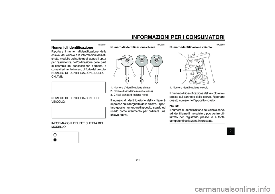 YAMAHA FZ6 NHG 2007  Manuale duso (in Italian) INFORMAZIONI PER I CONSUMATORI
9-1
9
HAU26351
Numeri di identificazione Riportare i numeri d’identificazione della
chiave, del veicolo e le informazioni dell’eti-
chetta modello qui sotto negli ap