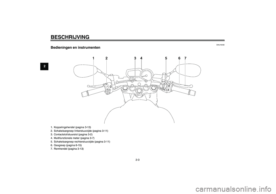 YAMAHA FZ6 NHG 2007  Instructieboekje (in Dutch) BESCHRIJVING
2-3
2
DAU10430
Bedieningen en instrumenten1. Koppelingshendel (pagina 3-13)
2. Schakelaargroep linkerstuurzijde (pagina 3-11)
3. Contactslot/stuurslot (pagina 3-2)
4. Multifunctionele met