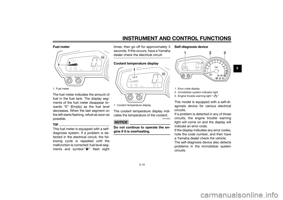 YAMAHA FZ6 S 2015  Owners Manual INSTRUMENT AND CONTROL FUNCTIONS
3-10
3
Fuel meter
The fuel meter indicates the amount of
fuel in the fuel tank. The display seg-
ments of the fuel meter disappear to-
wards “E” (Empty) as the fue