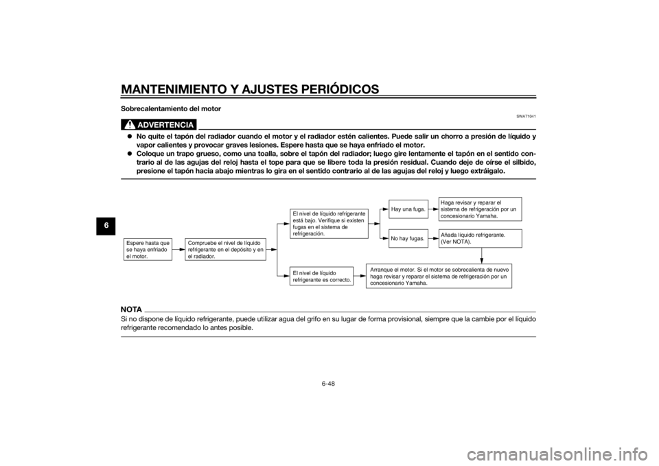 YAMAHA FZ8 S 2015  Manuale de Empleo (in Spanish) MANTENIMIENTO Y AJUSTES PERIÓDICOS
6-48
6
Sobrecalentamiento del motor
ADVERTENCIA
SWAT1041
 No quite el tapón  del ra dia dor cuan do el motor y el ra dia dor estén calientes. Pue de salir un c