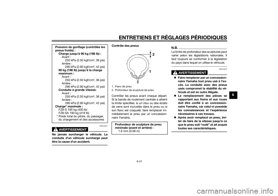YAMAHA FZ8 S 2013 Notices Demploi (in French) ENTRETIENS ET RÉGLAGES PÉRIODIQUES
6-21
6
AVERTISSEMENT
FWA10512
Ne jamais surcharger le véhicule. La
conduite d’un véhicule surchargé peut
être la cause d’un acci dent.
Contrôle des pne YAMAHA FZ8 S 2013 Notices Demploi (in French) ENTRETIENS ET RÉGLAGES PÉRIODIQUES
6-21
6
AVERTISSEMENT
FWA10512
Ne jamais surcharger le véhicule. La
conduite d’un véhicule surchargé peut
être la cause d’un acci dent.
Contrôle des pne