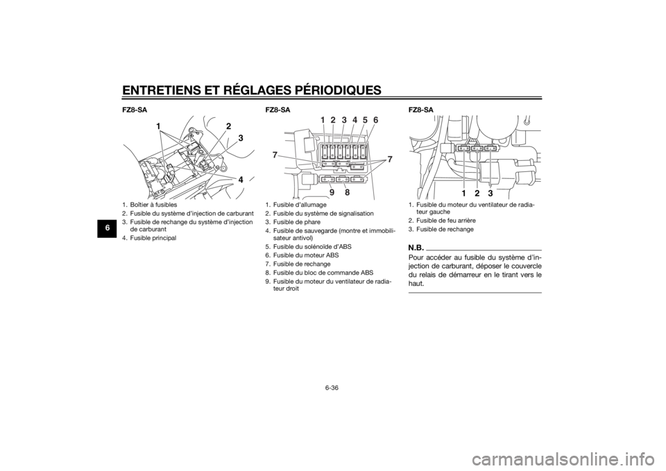 YAMAHA FZ8 S 2013 Notices Demploi (in French) ENTRETIENS ET RÉGLAGES PÉRIODIQUES
6-36
6
FZ8-SAFZ8-SAFZ8-SA
N.B.Pour accéder au fusible du système d’in-
jection de carburant, déposer le couvercle
du relais de démarreur en le tirant vers le YAMAHA FZ8 S 2013 Notices Demploi (in French) ENTRETIENS ET RÉGLAGES PÉRIODIQUES
6-36
6
FZ8-SAFZ8-SAFZ8-SA
N.B.Pour accéder au fusible du système d’in-
jection de carburant, déposer le couvercle
du relais de démarreur en le tirant vers le