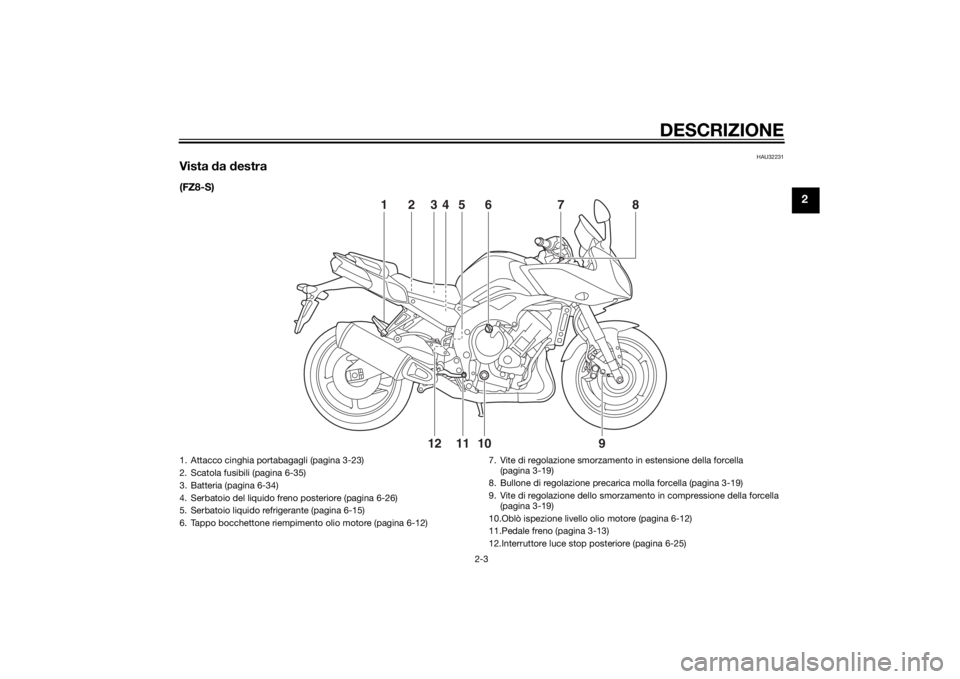 YAMAHA FZ8 S 2012 Manuale duso (in Italian) DESCRIZIONE
2-3
2
HAU32231
Vista da destra(FZ8-S)
10
12 11
23 5
46
1
9
8
7
1. Attacco cinghia portabagagli (pagina 3-23)
2. Scatola fusibili (pagina 6-35)
3. Batteria (pagina 6-34)
4. Serbatoio del l YAMAHA FZ8 S 2012 Manuale duso (in Italian) DESCRIZIONE
2-3
2
HAU32231
Vista da destra(FZ8-S)
10
12 11
23 5
46
1
9
8
7
1. Attacco cinghia portabagagli (pagina 3-23)
2. Scatola fusibili (pagina 6-35)
3. Batteria (pagina 6-34)
4. Serbatoio del l