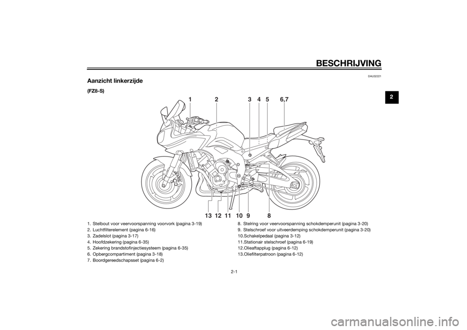 YAMAHA FZ8 S 2013 Instructieboekje (in Dutch) BESCHRIJVING
2-1
2
DAU32221
Aanzicht linkerzijde(FZ8-S)
2
1 3 6,754
11 10
9
8
12
13
1. Stelbout voor veervoorspanning voorvork (pagina 3-19)
2. Luchtfilterelement (pagina 6-16)
3. Zadelslot (pagina 3- YAMAHA FZ8 S 2013 Instructieboekje (in Dutch) BESCHRIJVING
2-1
2
DAU32221
Aanzicht linkerzijde(FZ8-S)
2
1 3 6,754
11 10
9
8
12
13
1. Stelbout voor veervoorspanning voorvork (pagina 3-19)
2. Luchtfilterelement (pagina 6-16)
3. Zadelslot (pagina 3-